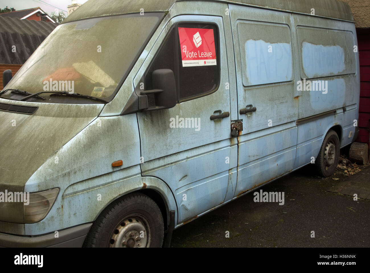Old white van with Vote Leave poster EU referendum Stock Photo - Alamy