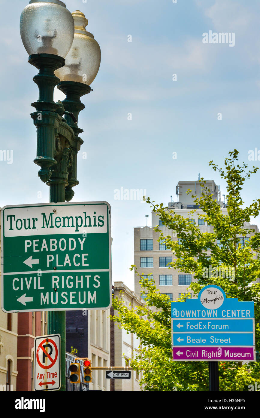 Directional Street signs in downtown Memphis  guide to the Civil Rights Museum,  Beale Street, FedEx Forum & Peabody Place. TN Stock Photo