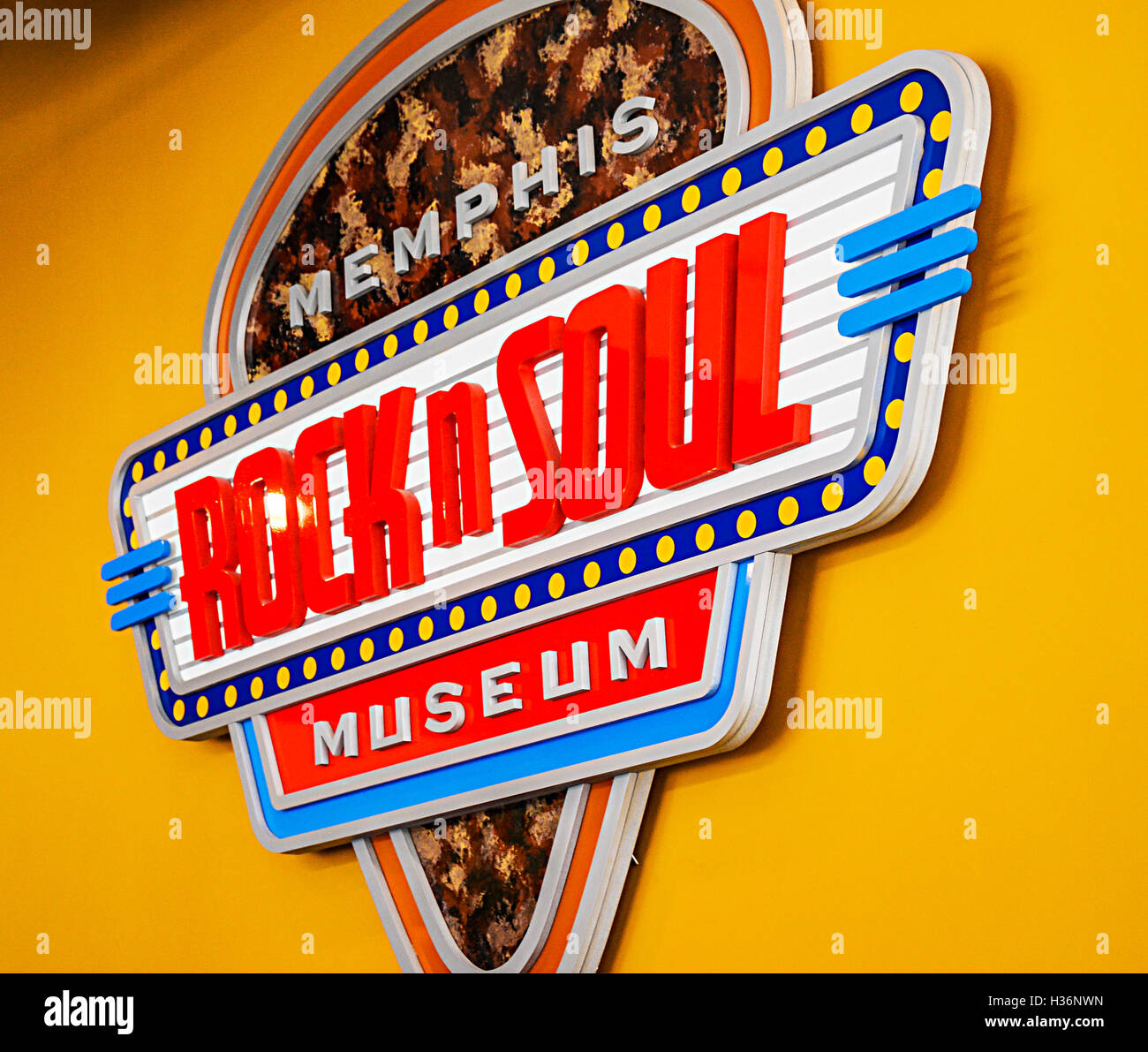 The Memphis Rock N' Soul Museum sign inside the lobby on Beale Street in Memphis, TN Stock Photo