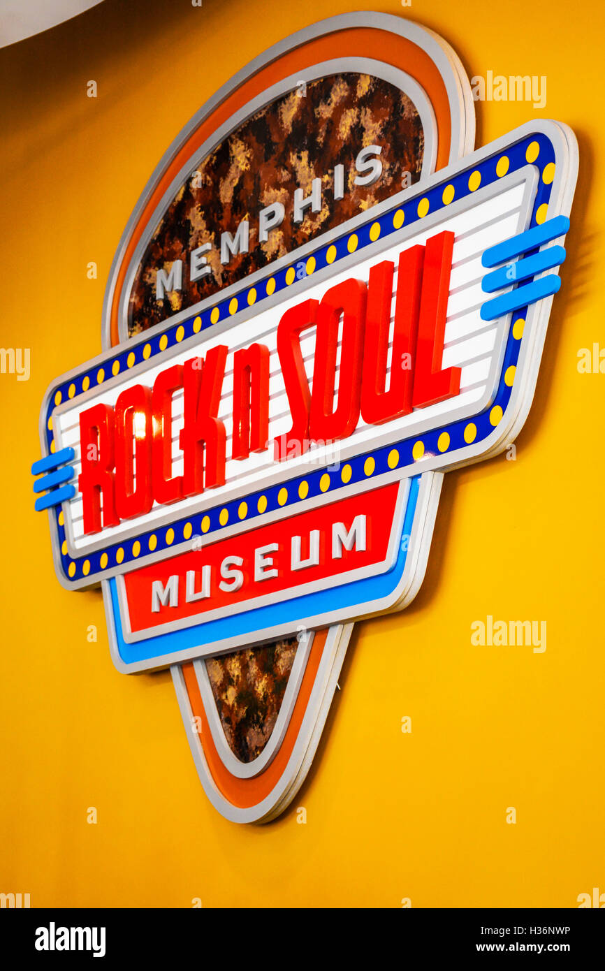 The Memphis Rock N' Soul Museum sign inside the lobby on Beale Street in Memphis, TN Stock Photo