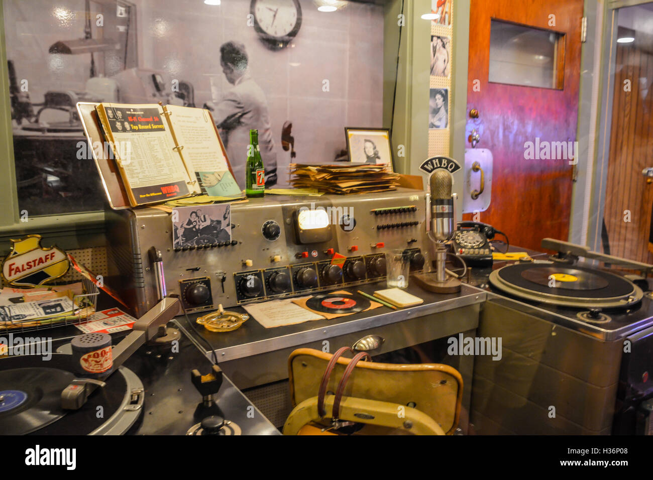 A 'frozen in time look' inside Sam Phillips vintage recording booth full of equipment & turntables & photos at Sun Records Studio in Memphis,  TN Stock Photo