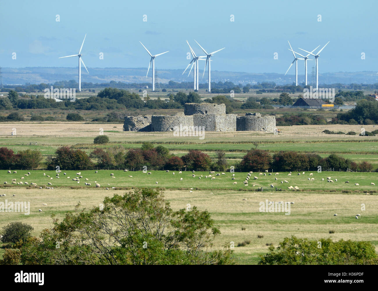 Camber Castle, Rye, East Sussex, with wind turbines Stock Photo
