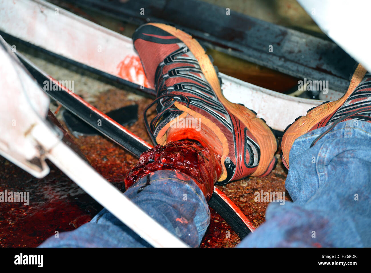 Emergency services training exercise with realistic medical dummy - tourniquet Stock Photo