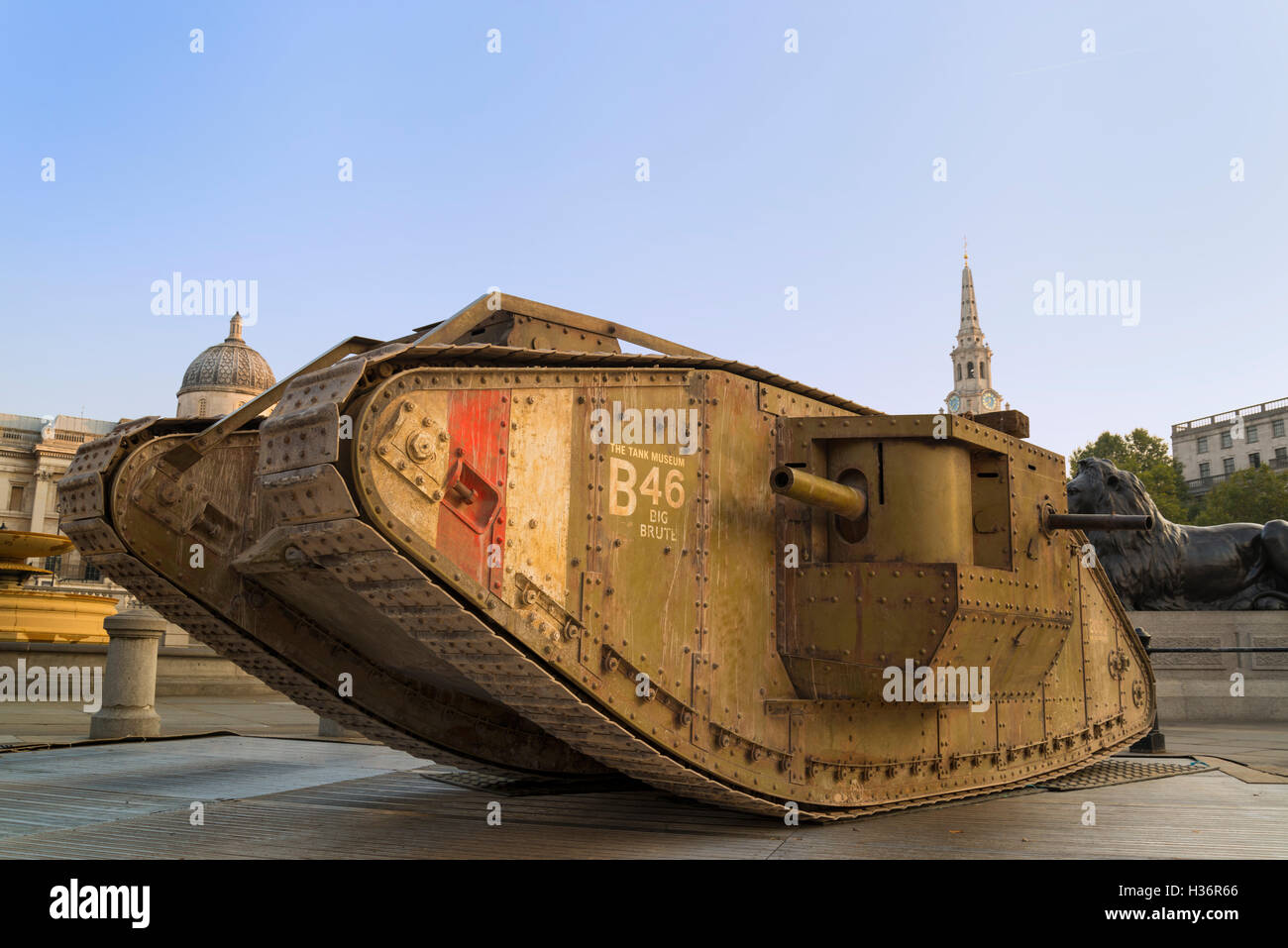 A replica Mk IV World War One tank, originally built for the movie War Horse, on display in Trafalgar Square, London. Stock Photo