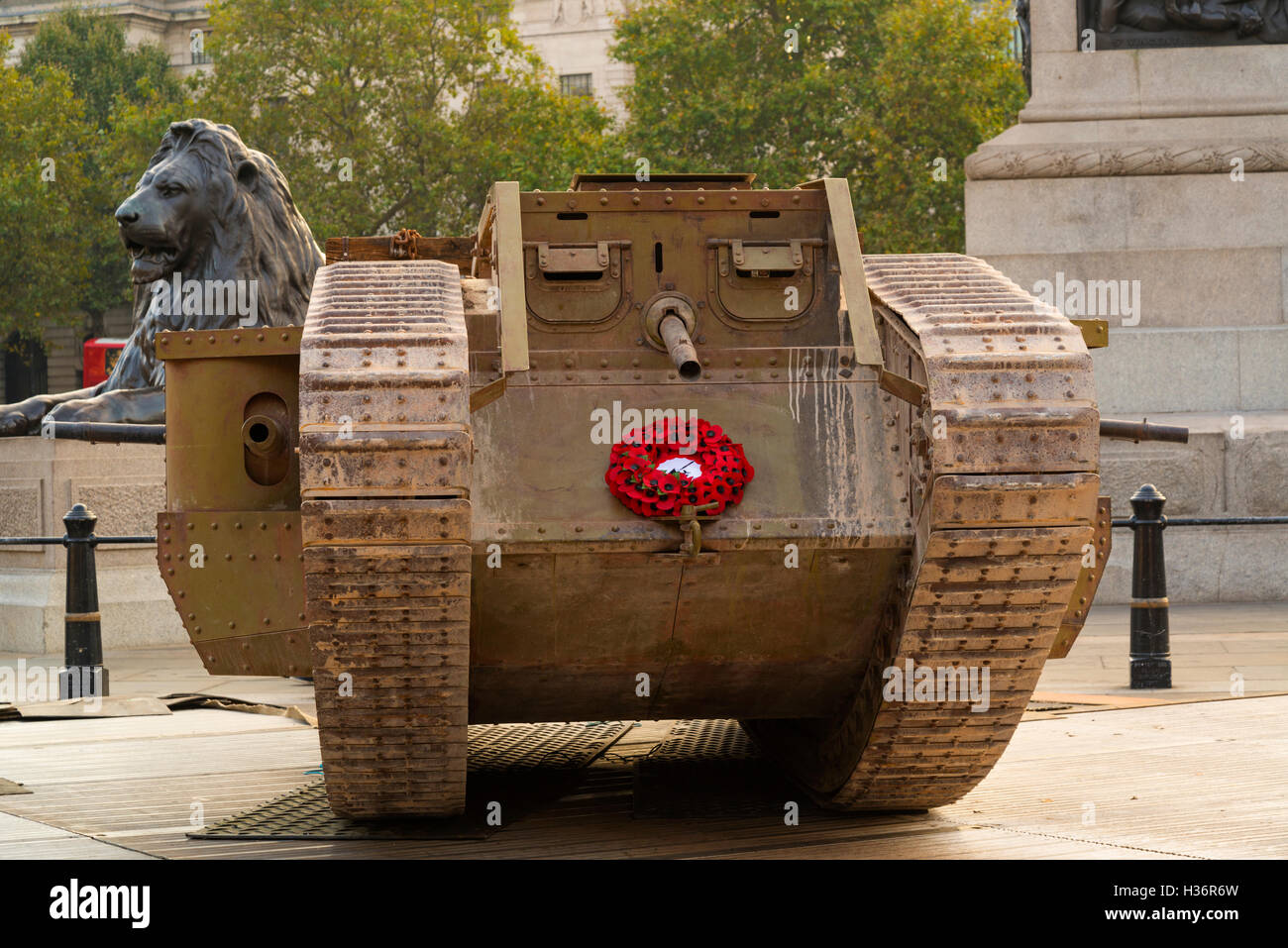 A replica Mk IV World War One tank, originally built for the movie War Horse, on display in Trafalgar Square, London. Stock Photo