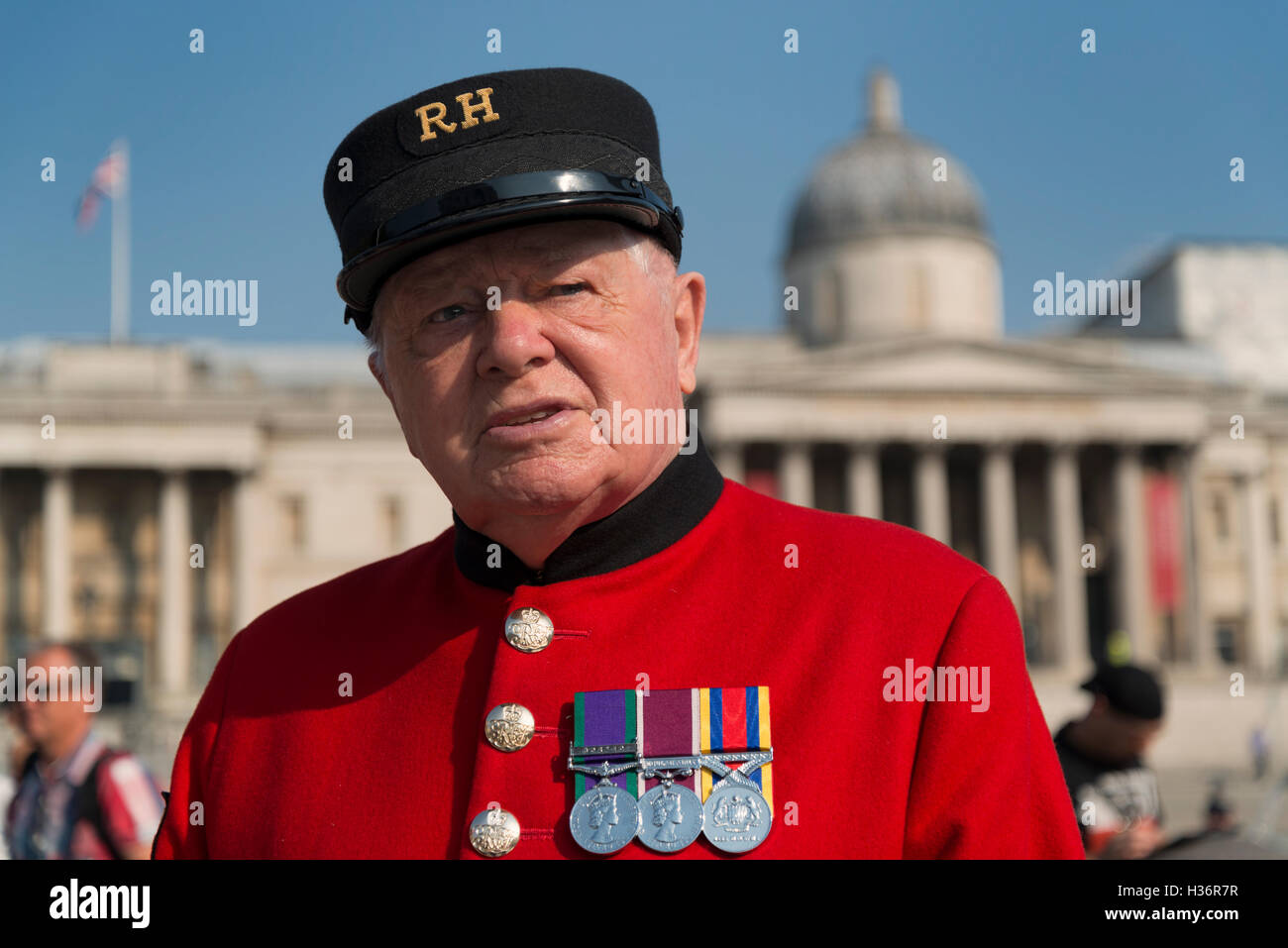 A Chelsea Pensioner, who had served in Malaya, in Trafalgar Square on 15 September 2016. Stock Photo