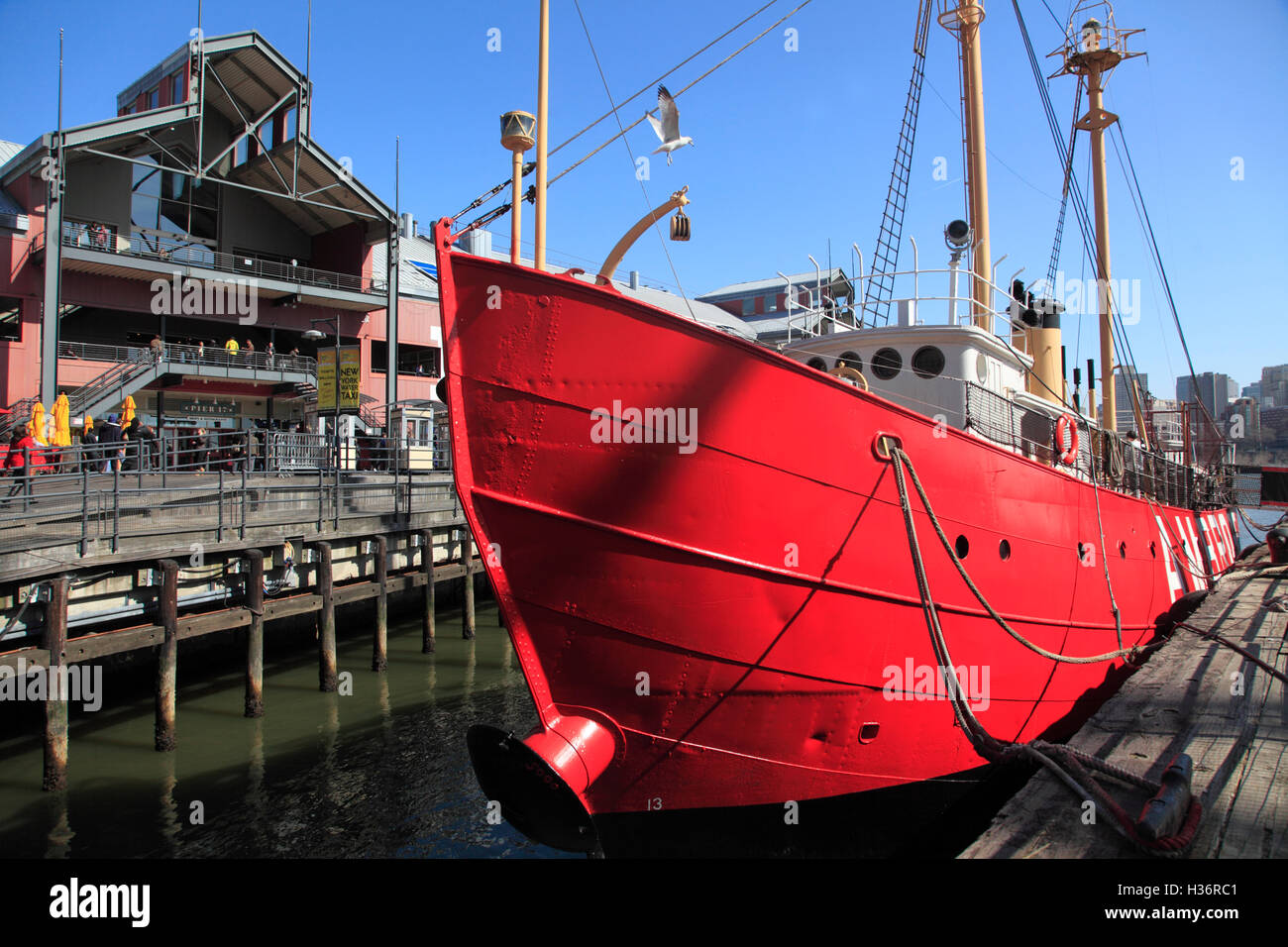 The historical lightship Ambrose docking in Pier 17 in South Street Seaport.New York City.USA Stock Photo