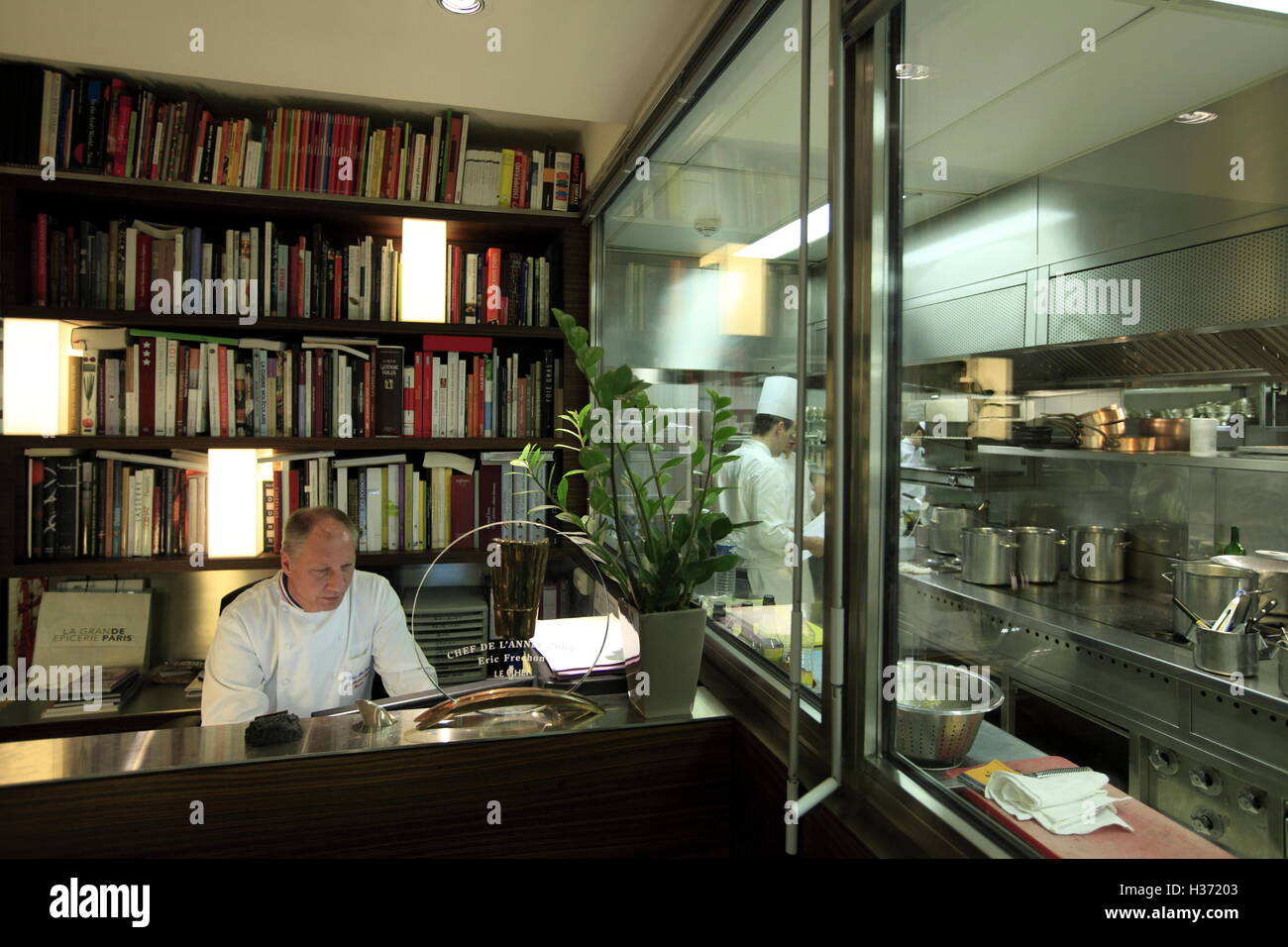 Chef Eric Frenchon in his office inside the Kitchen of 3 Michelin stared restaurant Epicure in Hotel Le Bristol,Paris France Stock Photo