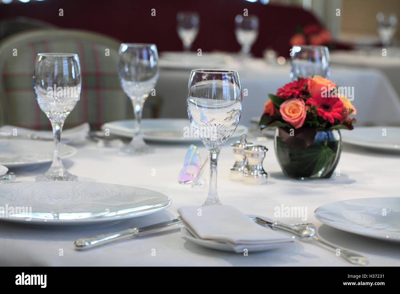 Table setting of 3 Michelin stared gastronomic restaurant Epicure in Hotel Le Bristol. Paris.France Stock Photo