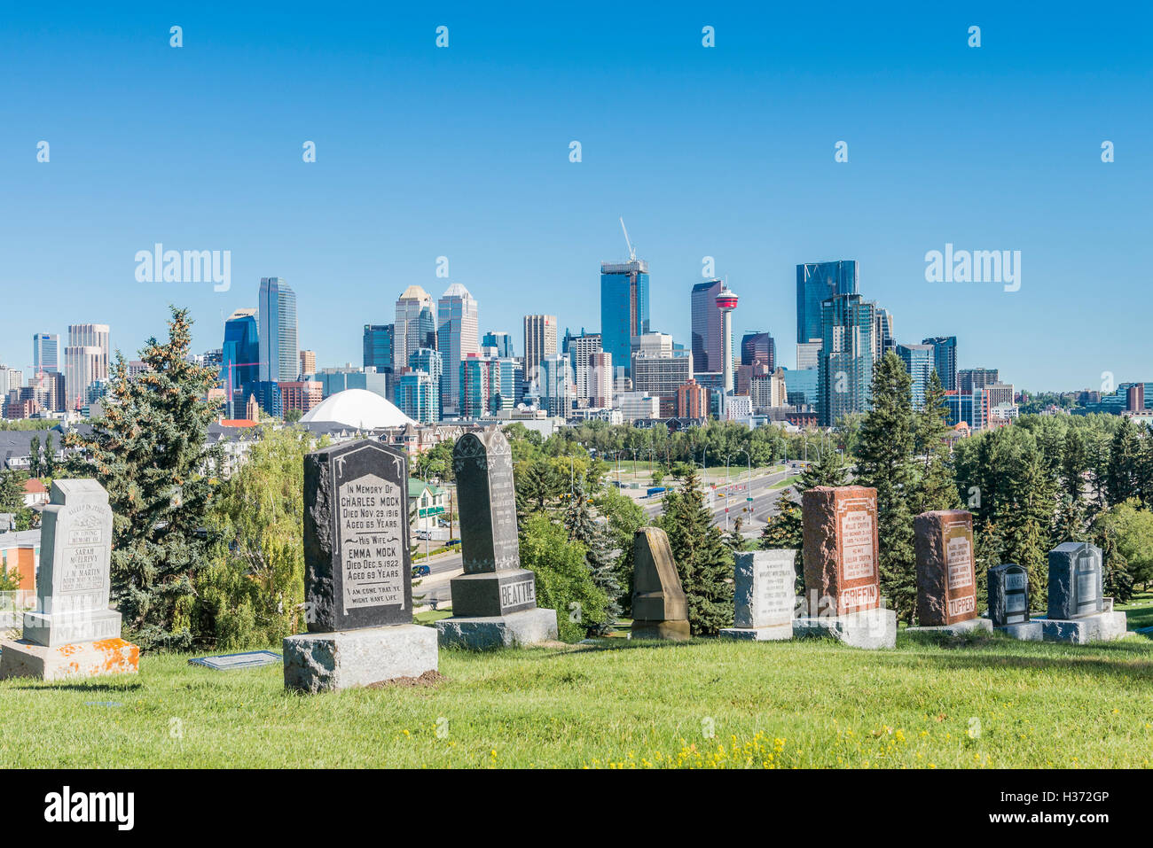 Calgary skyline and cemetery, Calgary, Alberta, Canada Stock Photo