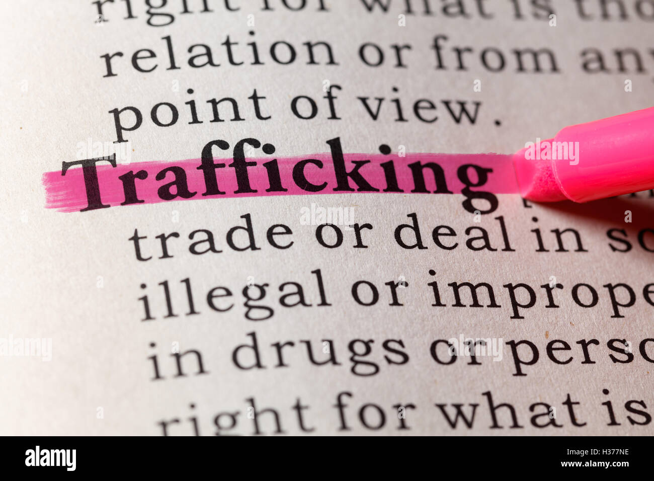 Fake Dictionary, Dictionary definition of the word trafficking. Stock Photo