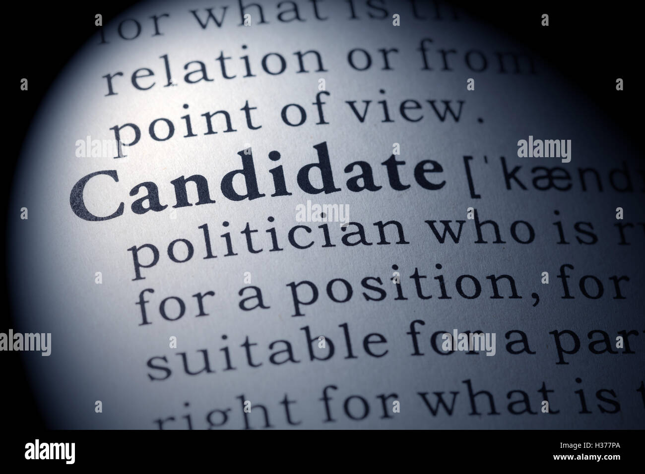 Fake Dictionary, Dictionary definition of the word candidate. Stock Photo