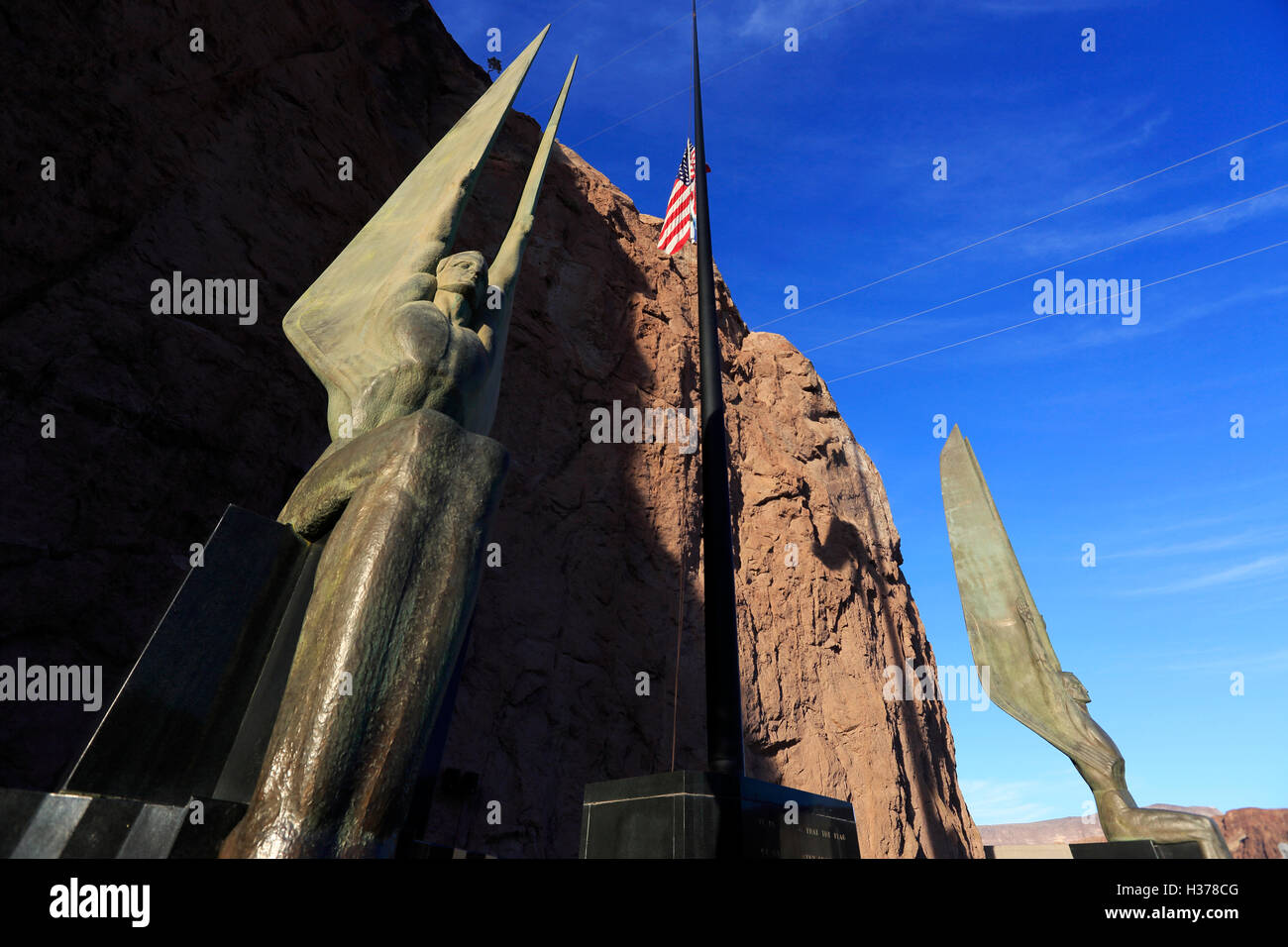 Bronze statue of 'Winged Figures of the Republic' by sculptor Oskar Hansen at Hoover Dam.Boulder.Nevada.USA Stock Photo