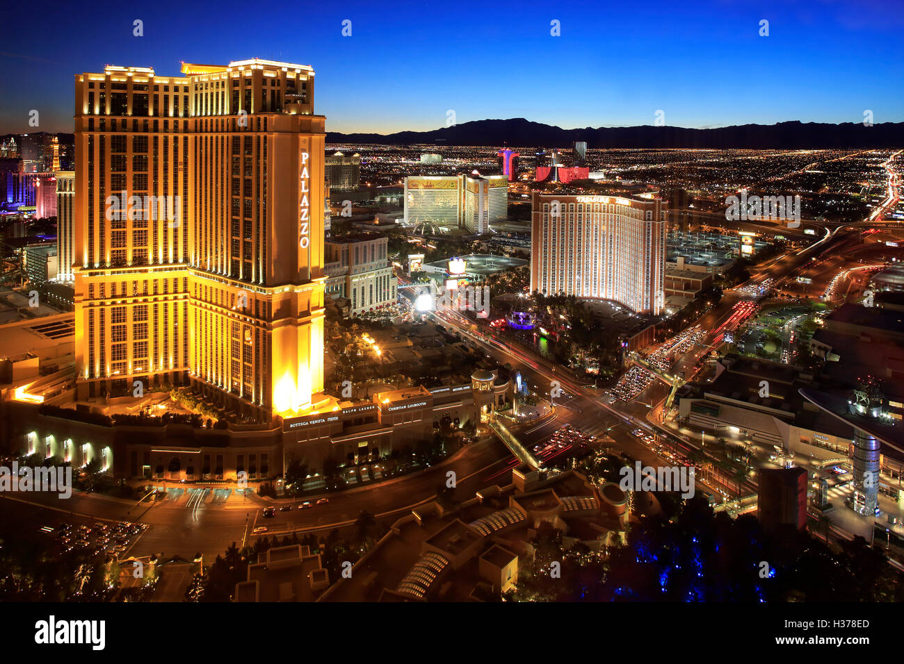 Twilight view of city of Las Vegas with Palazzo, Treasure Island and Mirage Hotel and Casino. Las Vegas.Nevada.USA Stock Photo