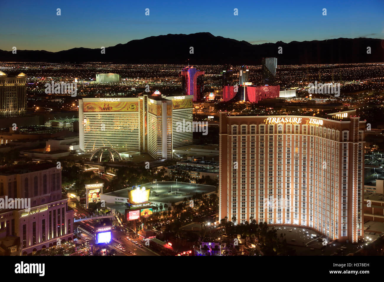 Twilight view of city of Las Vegas with Palazzo, Treasure Island and Mirage Hotel and Casino. Las Vegas.Nevada.USA Stock Photo