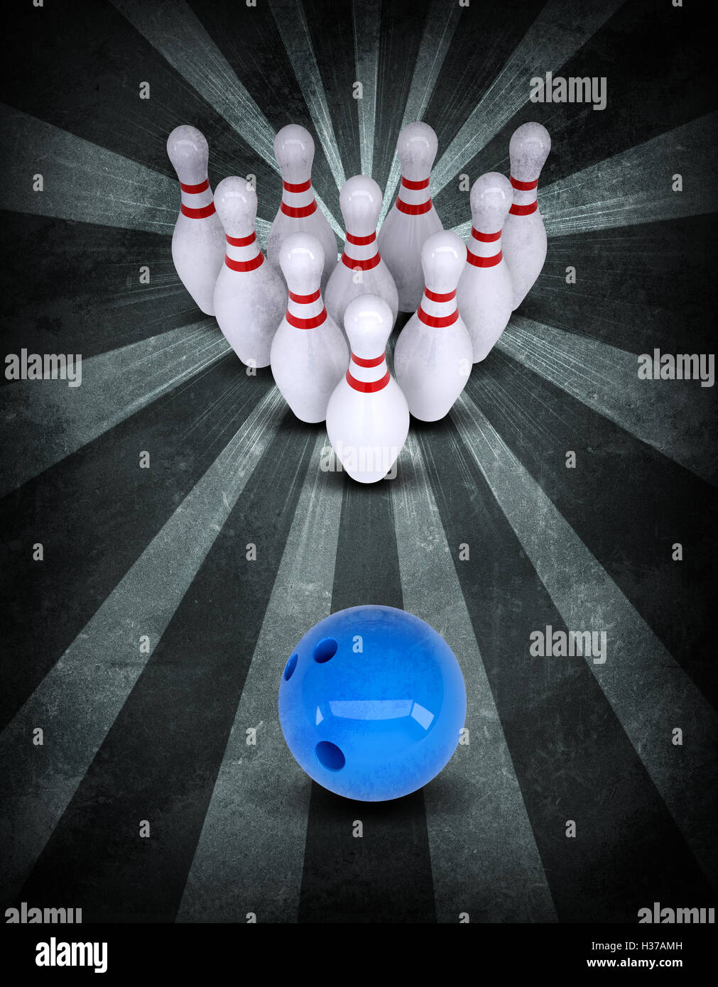 Bowling ball breaks standing pins. Grunge style Stock Photo