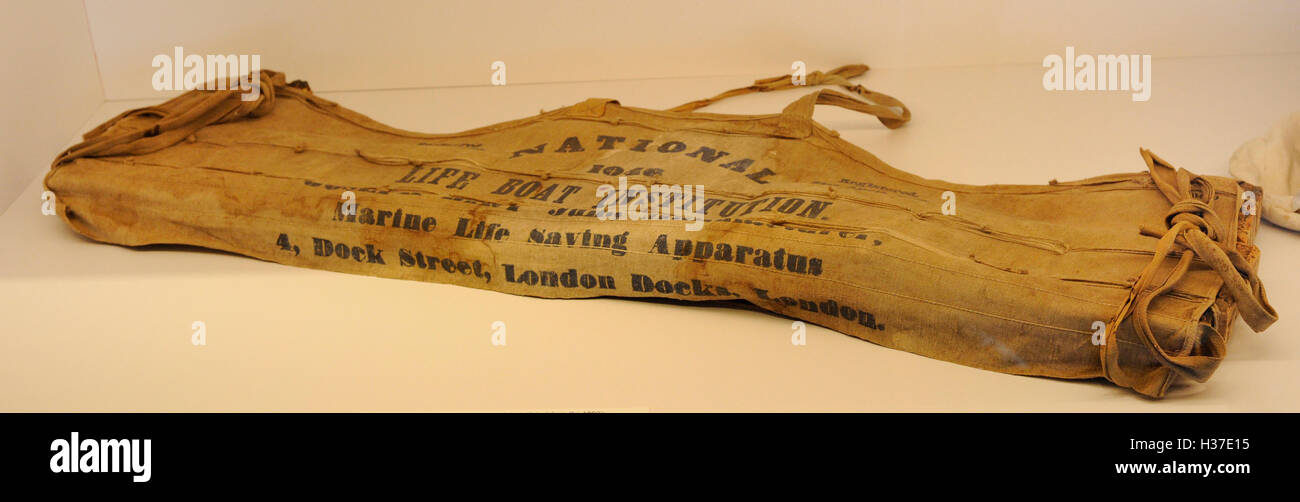 British lifebelt from the 1860's. Sailcloth and floatable cork. Norwegian Maritime Museum. Oslo. Norway. Stock Photo