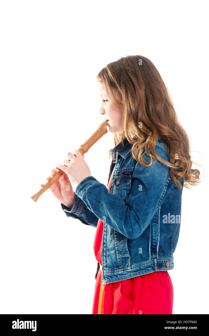 young girl with soprano recorder Stock Photo