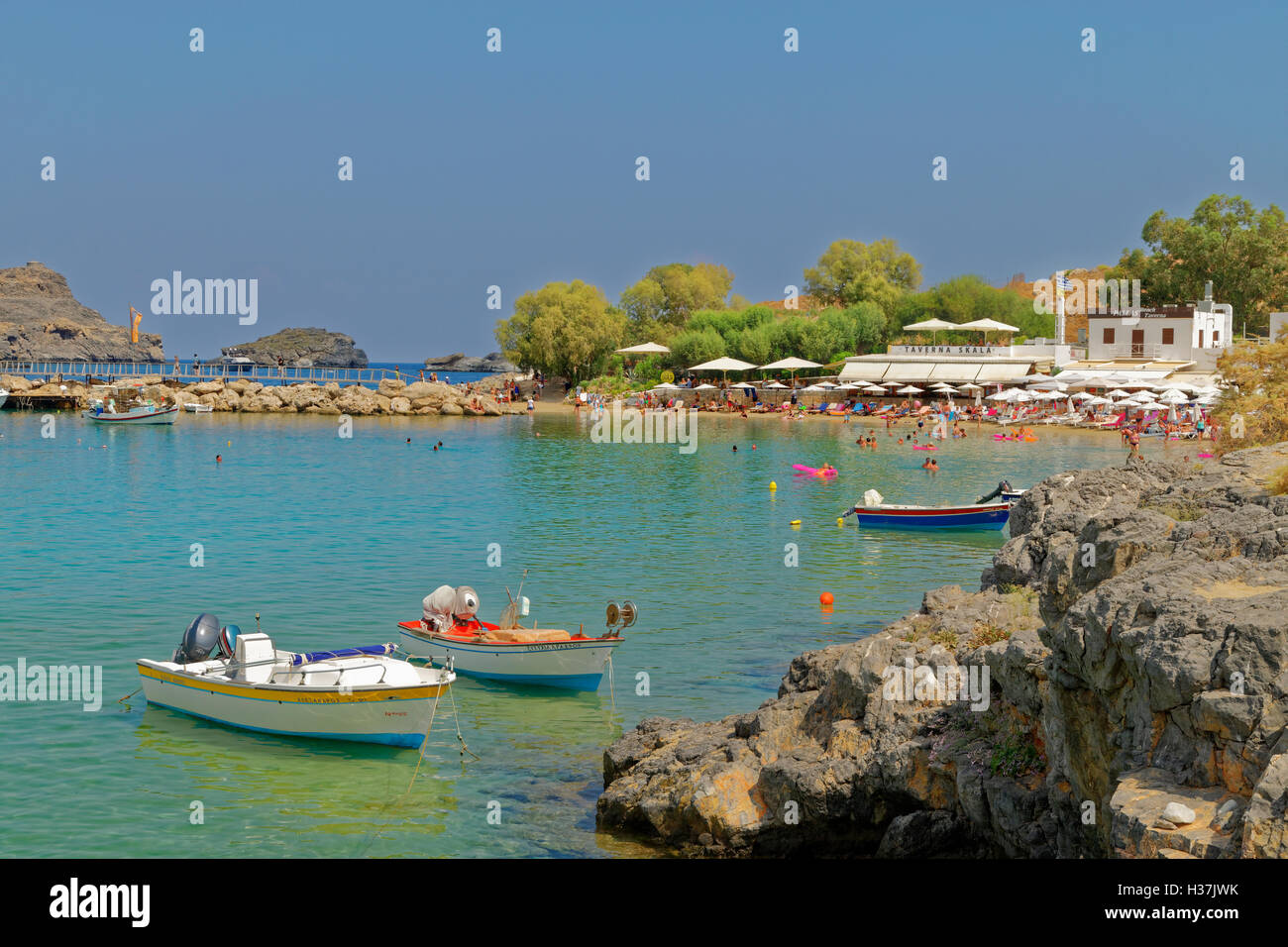 Lindos beach on the south east coast of Rhodes Island, Dodecanese Island group, Greece. Stock Photo