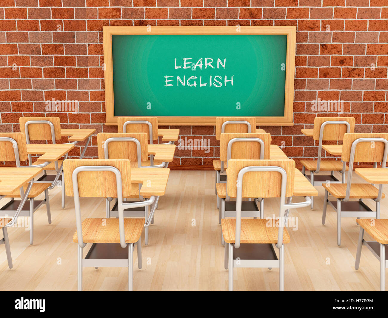 3d renderer image. Empty classroom and chalkboard with learn English.  Education concept Stock Photo - Alamy