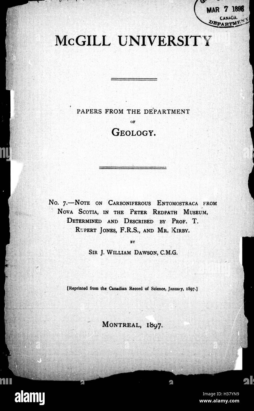 Note on Carboniferous Entomostraca from Nova Scotia, in the Peter Redpath Museum, determined and described by Prof. T. Rupert Jones, F.R. S., and Mr. Kirby BHL266 Stock Photo