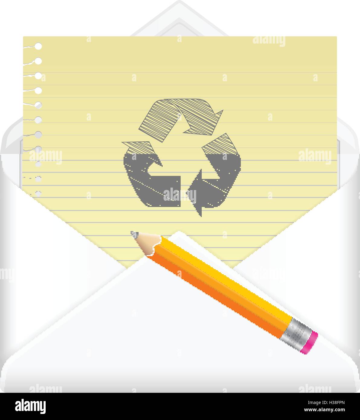 Envelope, notebook sheet, pencil and symbol on a white background Stock ...