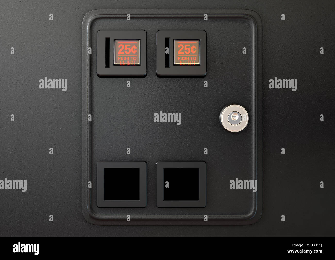 A 3D render of a closeup of a coin slot panel from a vintage arcade game machine with entry and exit slots and perspex button Stock Photo