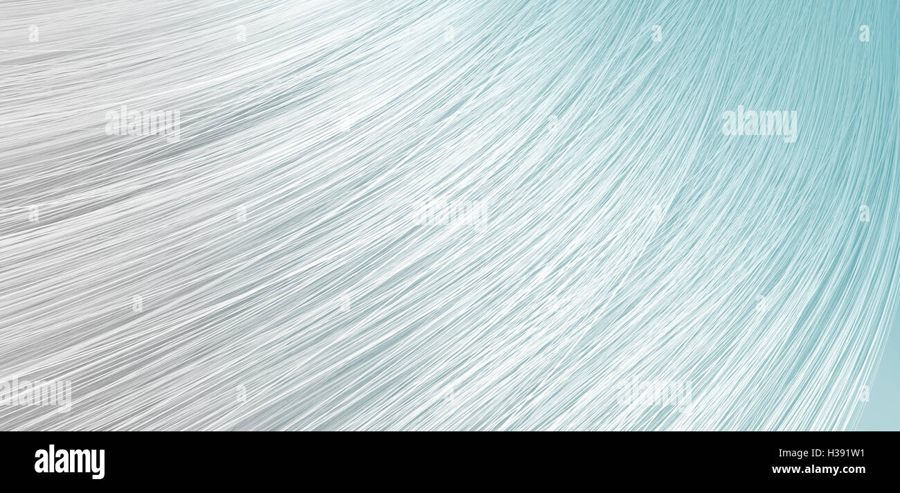 A 3D render of a closeup view of a bunch of shiny straight gray hair with blue undertones in a wavy curved style Stock Photo