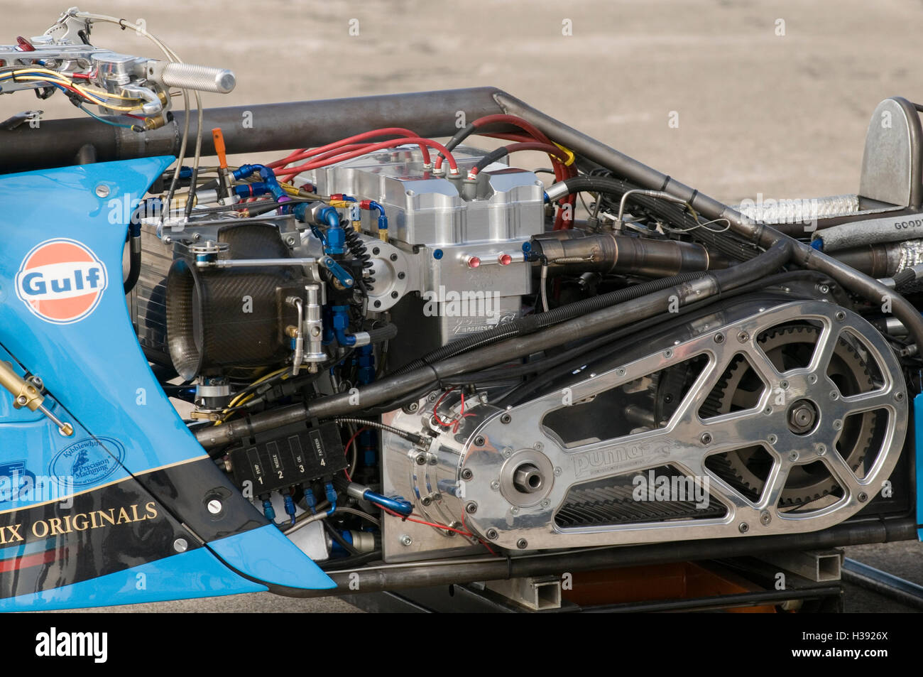Ian King 10 time European Top Fuel Motorcycle drag racing  champion close up of the engine and clutch and supercharger Stock Photo