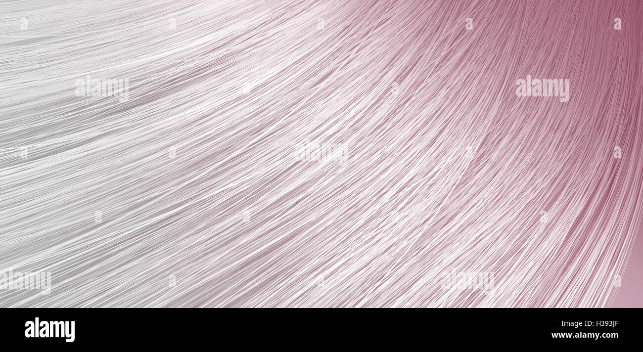 A 3D render of a closeup view of a bunch of shiny straight gray hair with pink undertones in a wavy curved style Stock Photo