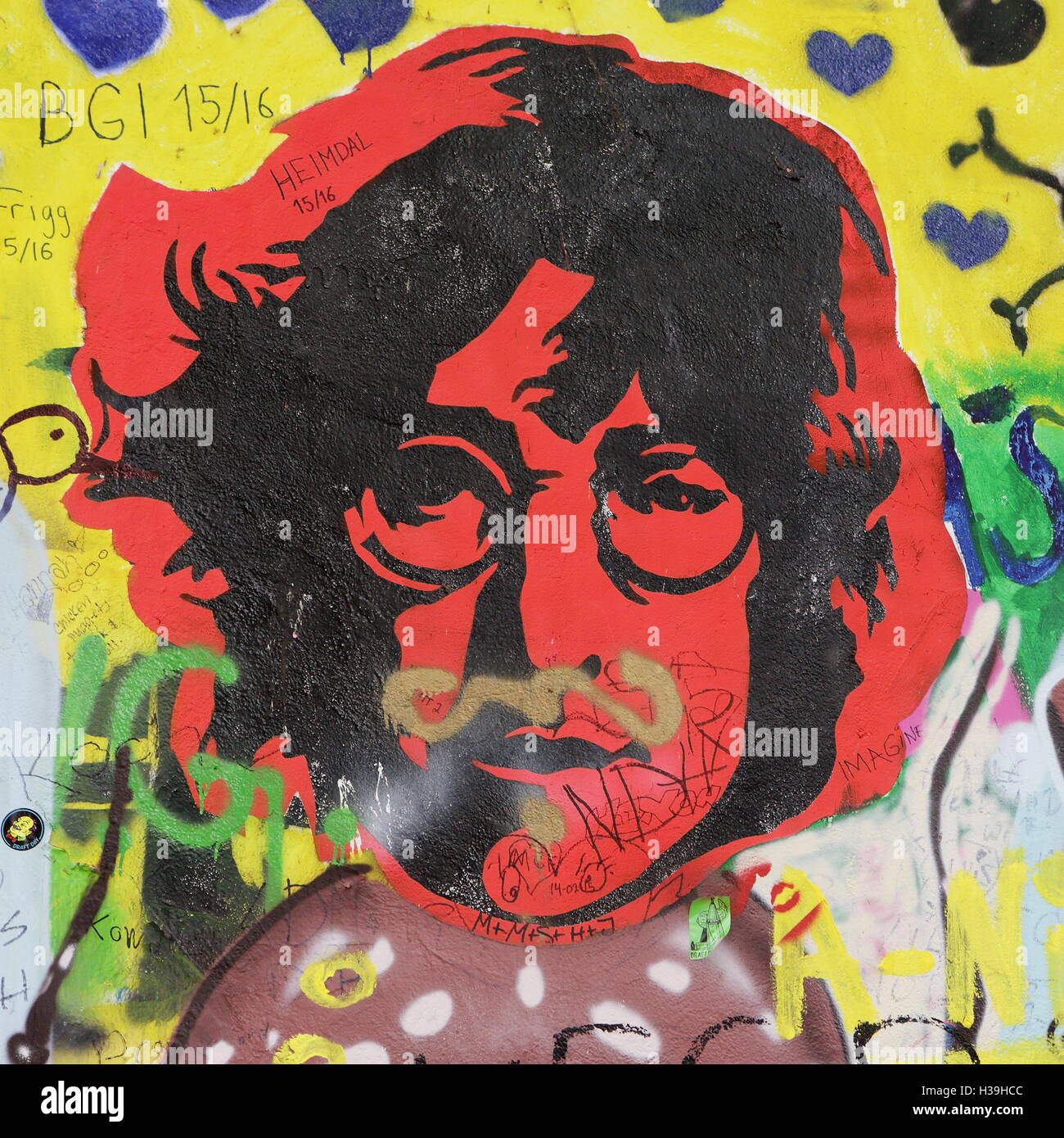 PRAGUE, CZECH REPUBLIC - JANUARY 04, 2016: The Lennon Wall since the 1980s is filled with John Lennon-inspired graffiti Stock Photo