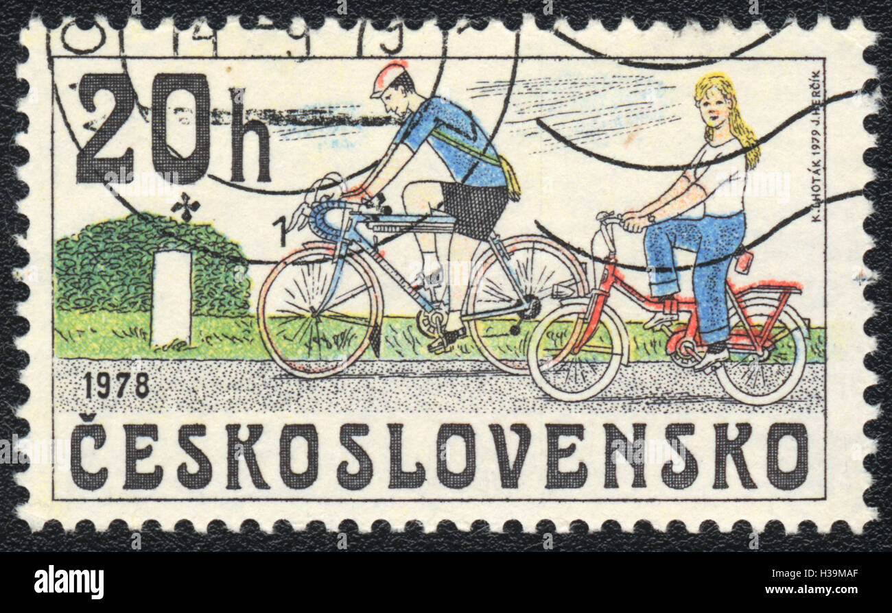 A postage stamp printed in Czechoslovakia shows pair of the cyclists , 1978 - 1979 Stock Photo