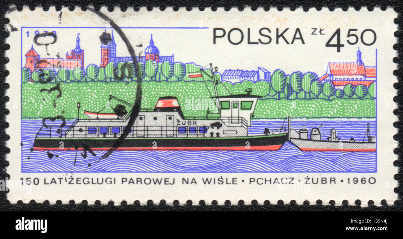 A postage stamp printed in Poland  in 1960, shows 150 Years of steam navigation on the Vistula River -  pusher Zubr, circa 1979 Stock Photo