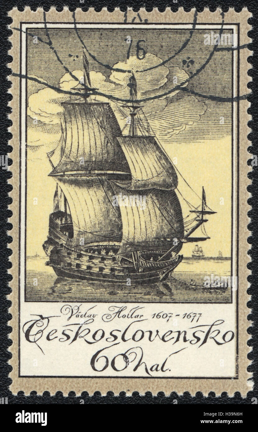 A postage stamp printed in Czechoslovakia shows old engraving of a ship by Vaclav Hollar (1607-77), circa 1976 Stock Photo
