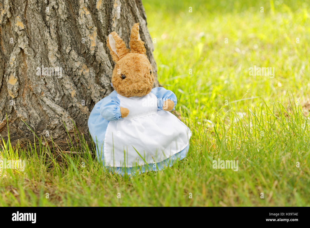 toy bunny rabbit in the green grass Stock Photo