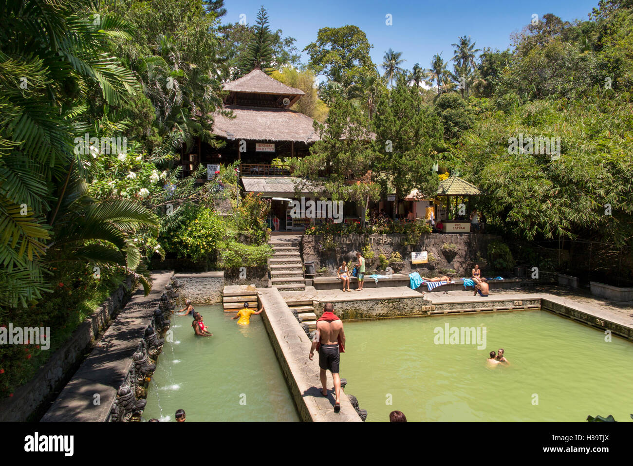 Indonesia, Bali, Banjar, Air Panas (volcanic Hot Spring) people bathing in holy swimming pool Stock Photo