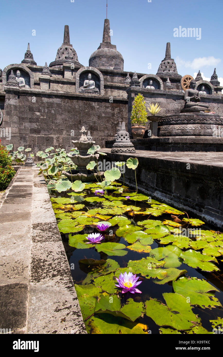 Indonesia, Bali, Banjar, Tegehe village, Brahma Vihara Arama, Buddhist monastery, stupa based on Borobodur and lotus pool Stock Photo