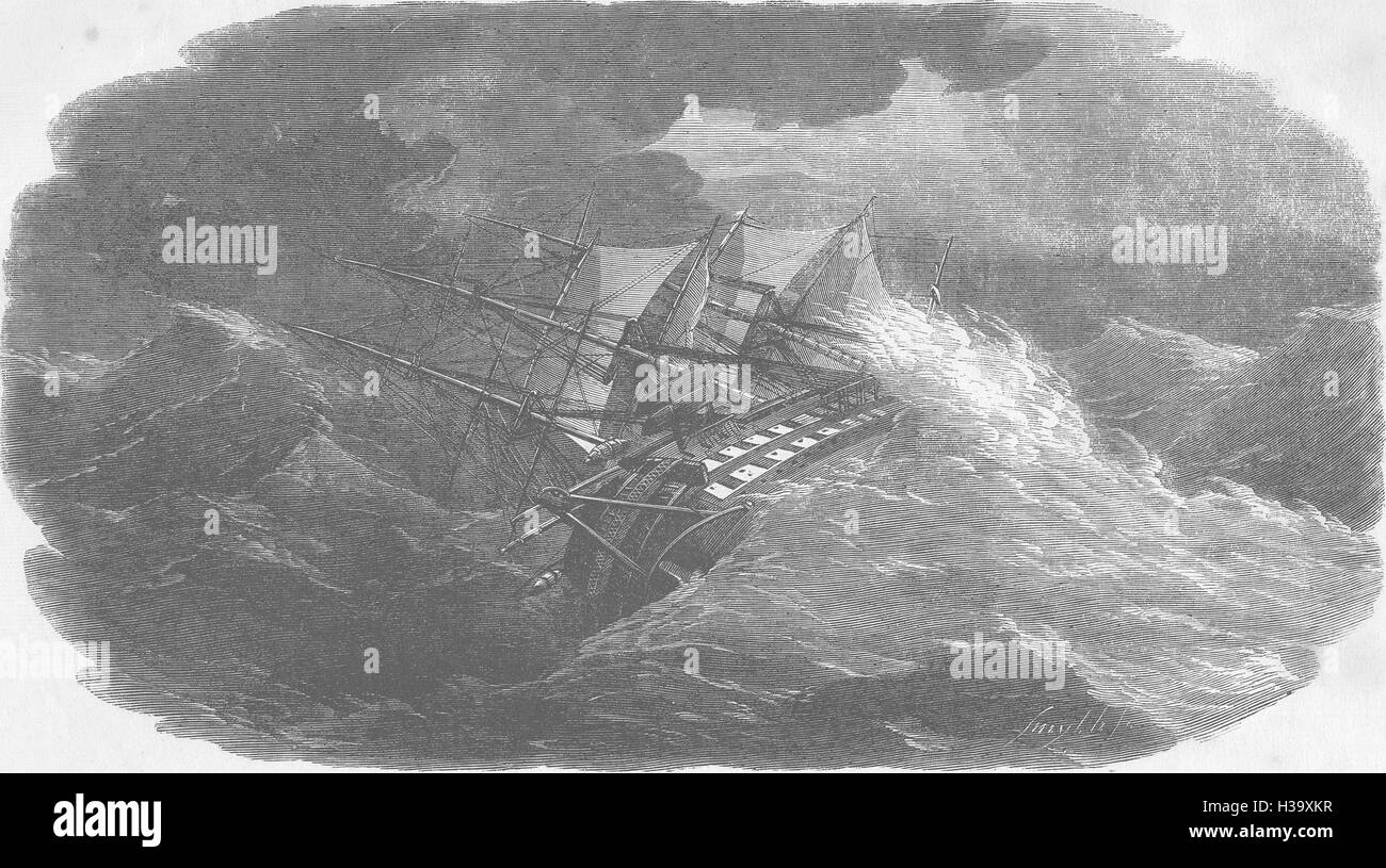 SHIPS Laying Telegraph Cable Agamemnon, storm 1858. Illustrated London News Stock Photo