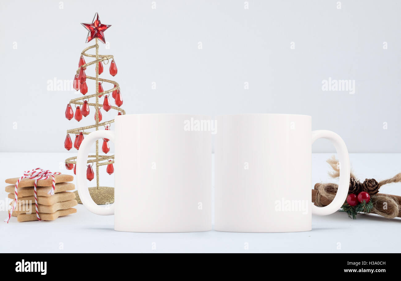 Christmas mock up styled stock product image, Christmas scene with two white blank coffee, overlay your custom design Stock Photo