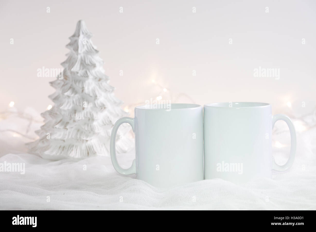Christmas mock up styled stock product image, Christmas scene with two white blank coffee, overlay your custom design Stock Photo