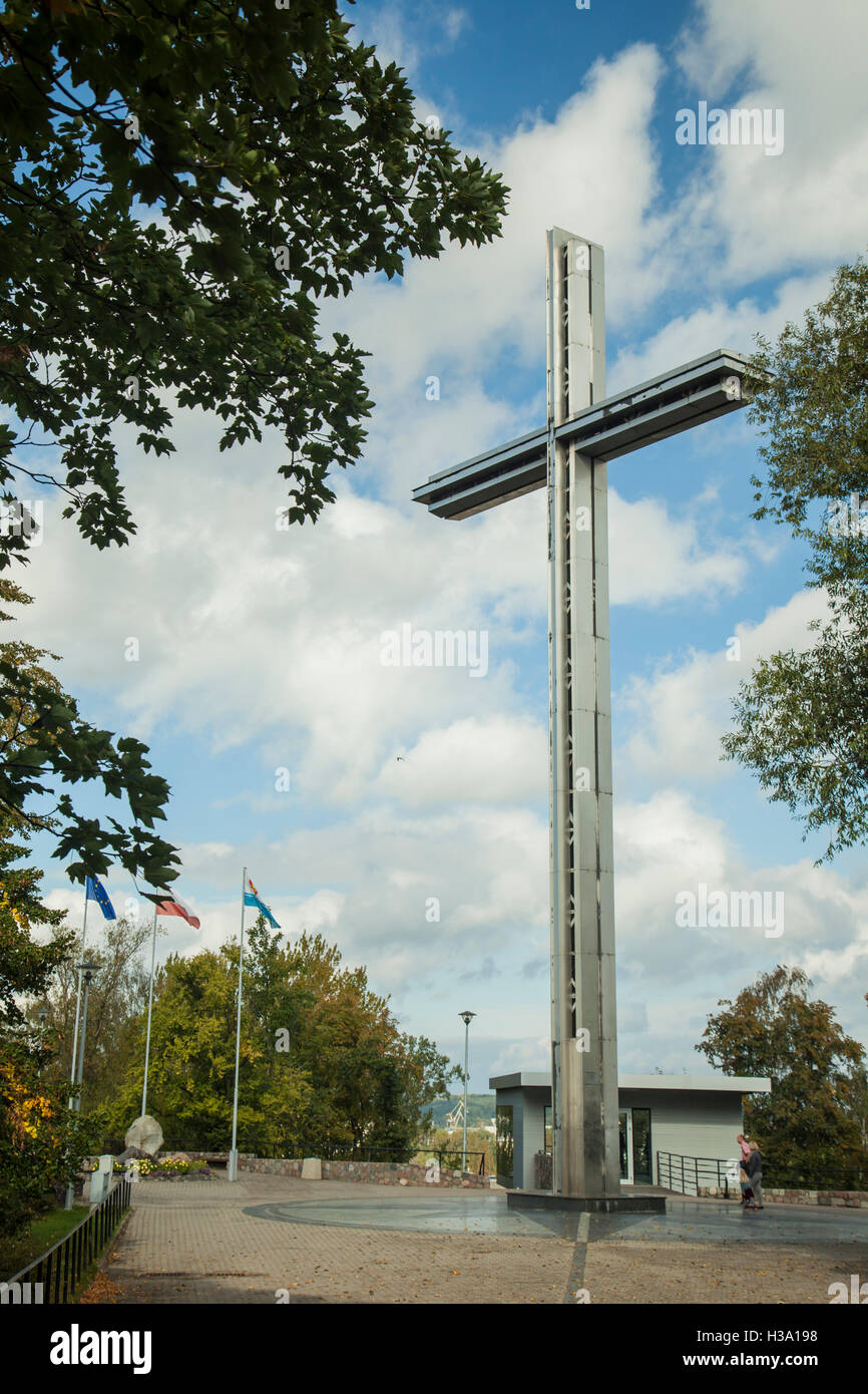 Steel cross on Kamienna Góra (Stone Mountain) in Gdynia, Poland. Stock Photo