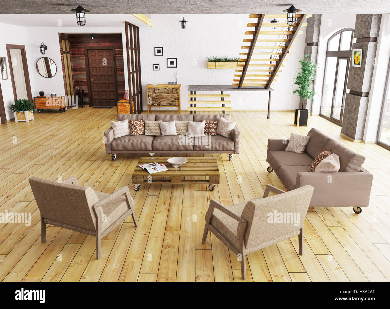 Interior of modern living room, hall, staircase 3d rendering Stock ...