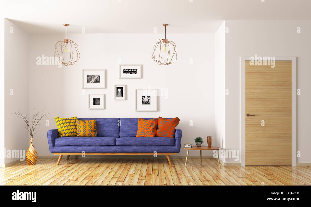 Modern interior of living room with blue sofa and door 3d rendering ...