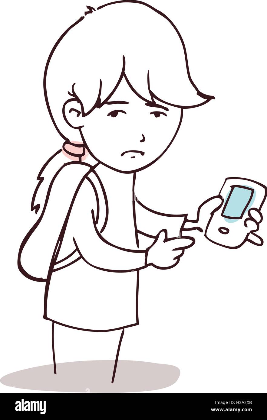 Sad girl looking at her Mobile Phone Stock Vector