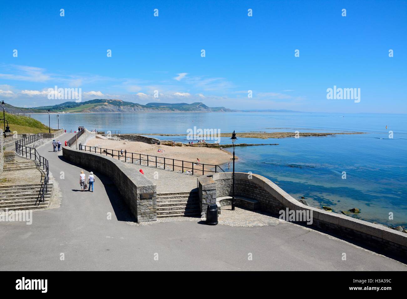 View along Gun Cliff Walk with the sea and coastline to the rear, Lyme Regis, Dorset, England, UK, Western Europe. Stock Photo