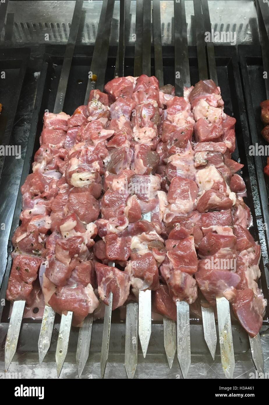 Raw Turkish Traditional Sish kebab, Meat, beef ready for cook at a restaurant Stock Photo
