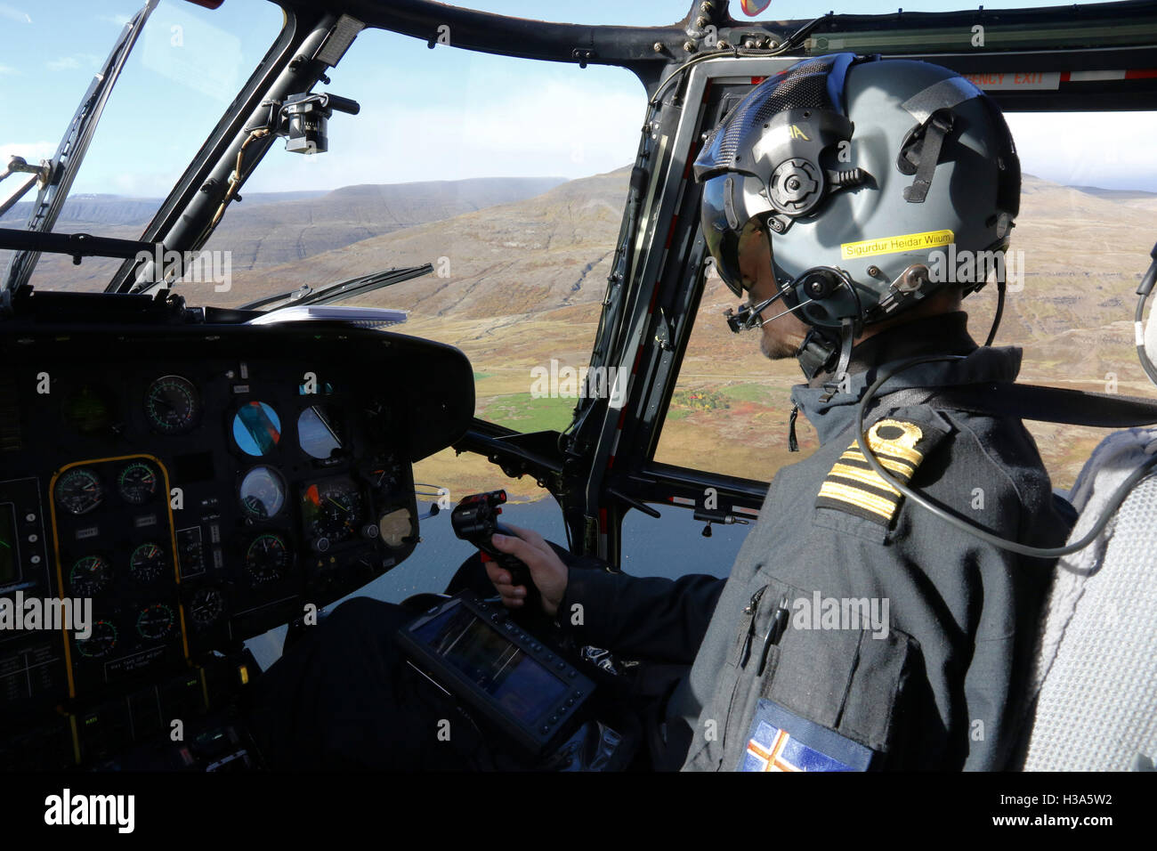 Iceland, Icelandic Coast Guard, Search and Rescue, SAR, helicopter  Aerospatiale AS332 Super Puma, pilot Stock Photo - Alamy