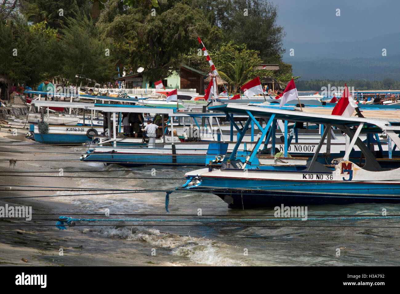 Indonesia, Lombok, Gili Air, Public Ferry Boats To Bangsal Moored At ...