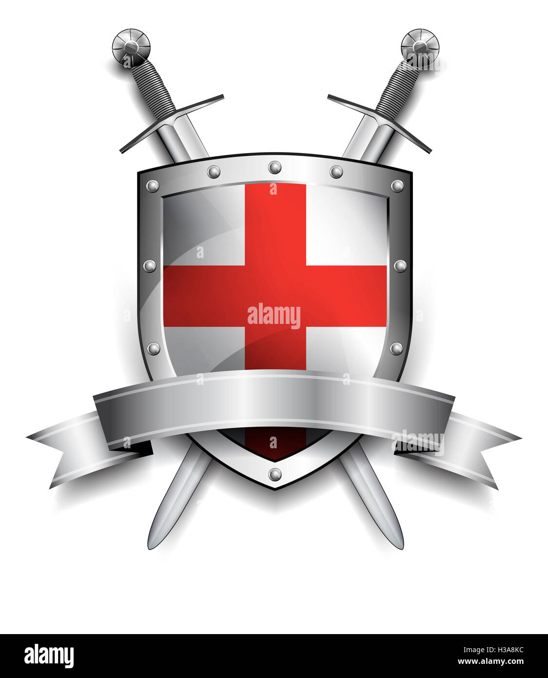 Silver shield with red cross and crossed and banner Stock Photo