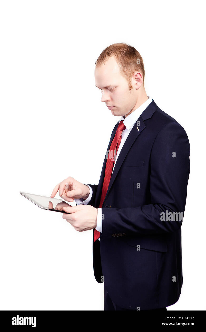 Business man working with a digital tablet on an isolated whi Stock Photo